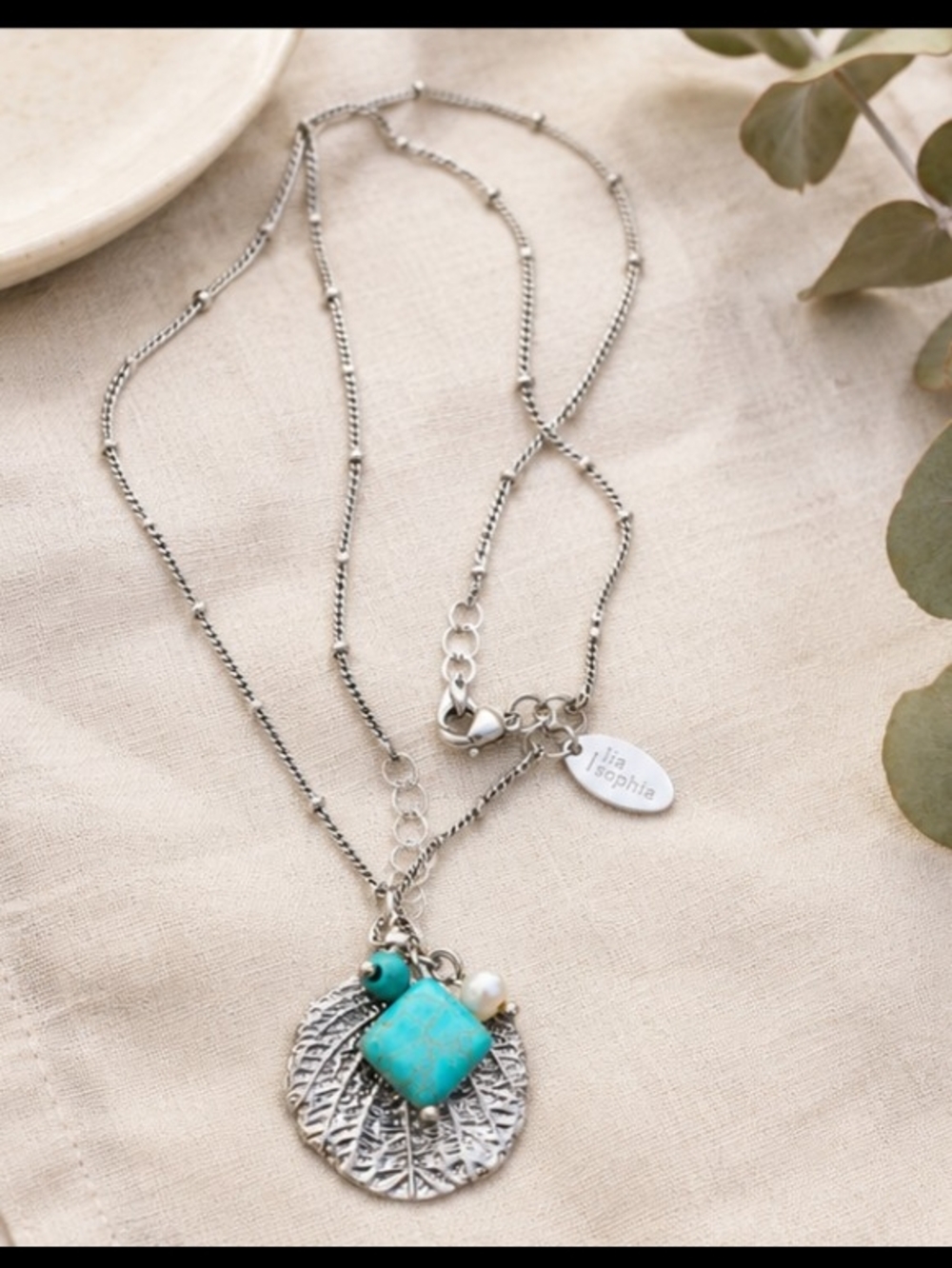 lia sophia Silver Leaf Pendant Necklace with Turquoise Accent